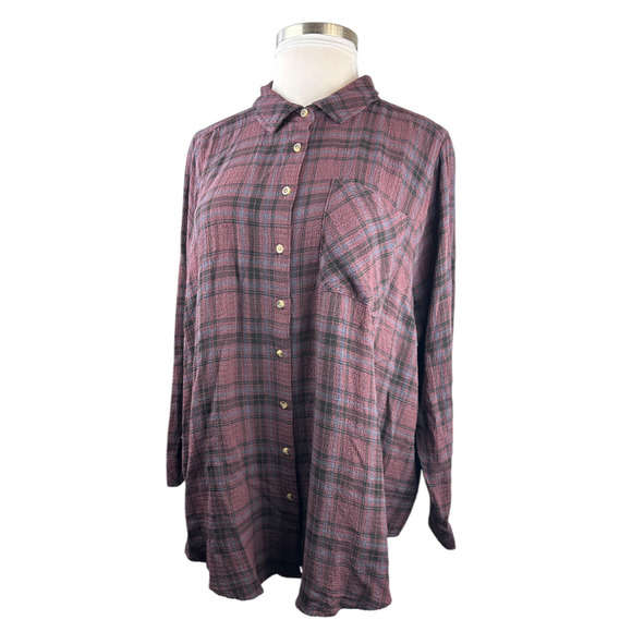 Torrid Lizzie Crinkle Flannel Gauze Button Up Tunic Red Plaid Plus Size 3 3X - Picture 9 of 10